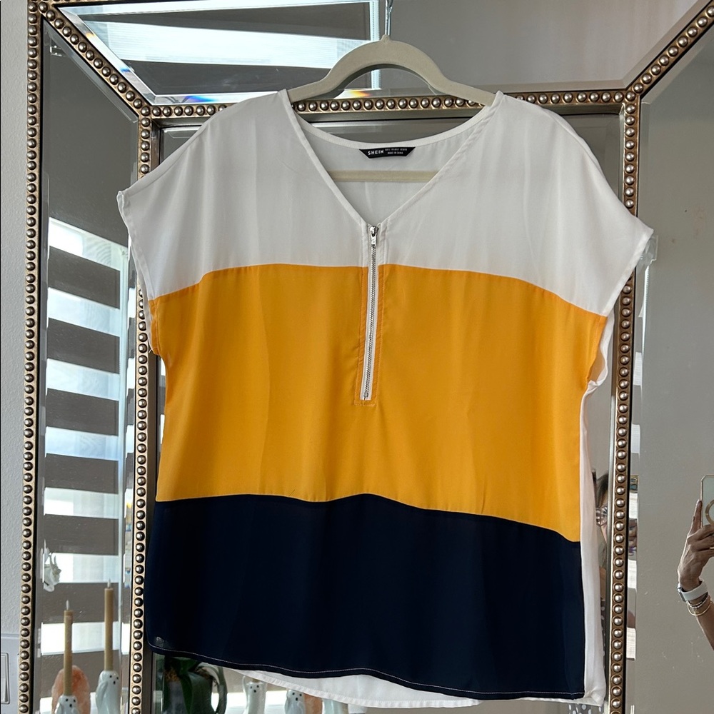 SHEIN Tri-Tone V-Neck Blouse with Zipper